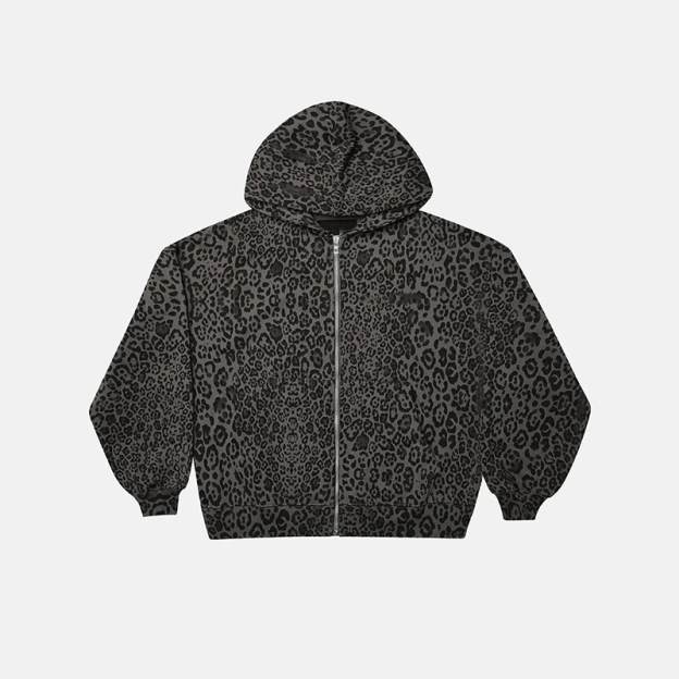 Street Leopard Print Zip Up Hoodie - Black - US28-30(4XL) - image 3