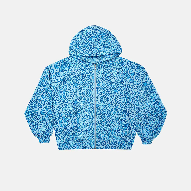 Street Leopard Print Zip Up Hoodie - Blue - US28-30(4XL) - image 1