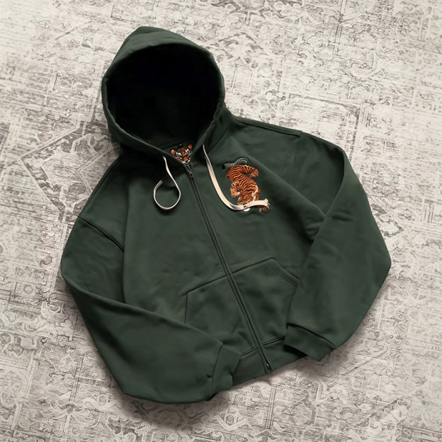 Retro Unique Design Embroidered Tiger Hoodie - Green - XL - image 1