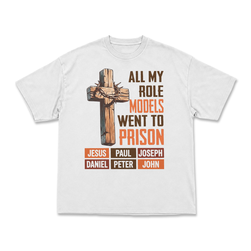 Cross and All My Role Models Went to Prison Statement Graphic T-Shirt - White - US16-18(2XL) - image 2