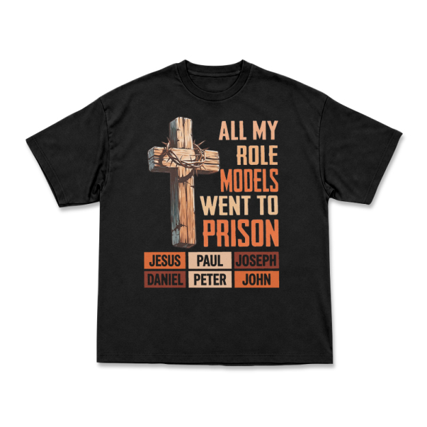 Cross and All My Role Models Went to Prison Statement Graphic T-Shirt - Black - US16-18(2XL) - image 1