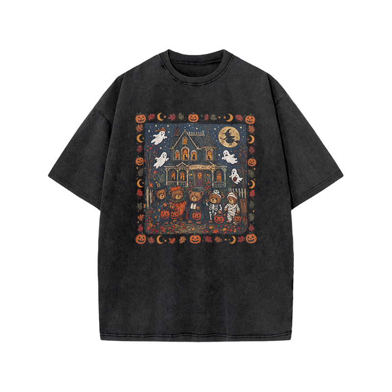  Halloween Haunted House Print Acid Washed T-Shirt - Black - US20-22(3XL) - image 2