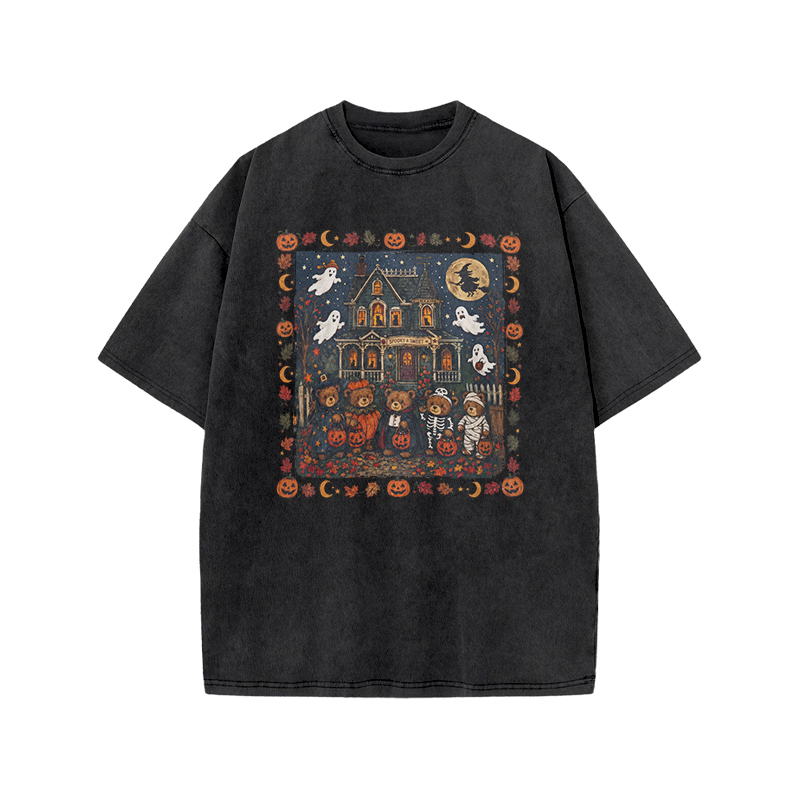  Halloween Haunted House Print Acid Washed T-Shirt - Black - US20-22(3XL) - image 2