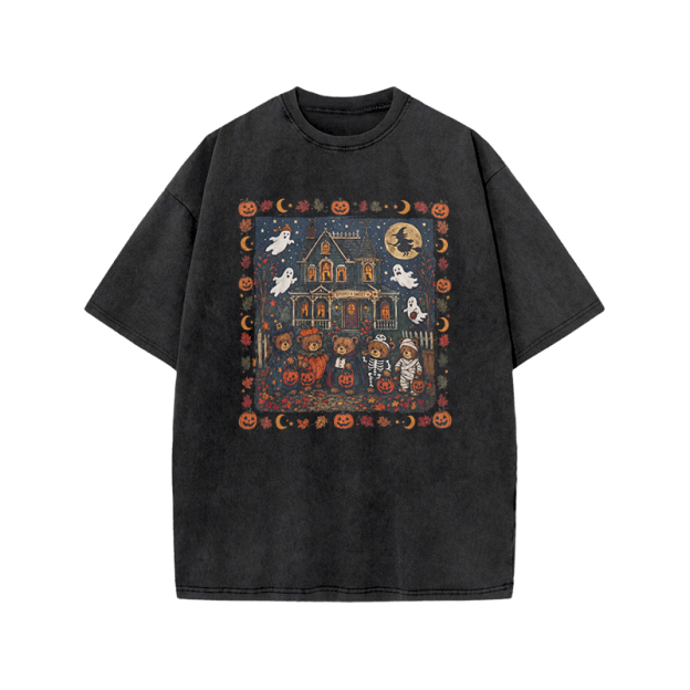  Halloween Haunted House Print Acid Washed T-Shirt - Black - US20-22(3XL) - image 2