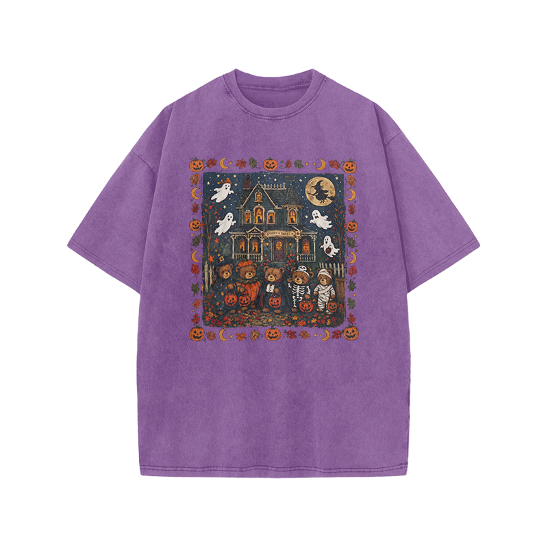  Halloween Haunted House Print Acid Washed T-Shirt - Purple - US20-22(3XL) - image 1