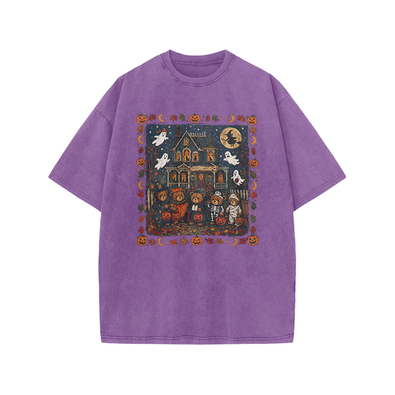  Halloween Haunted House Print Acid Washed T-Shirt - Purple - US20-22(3XL) - image 1
