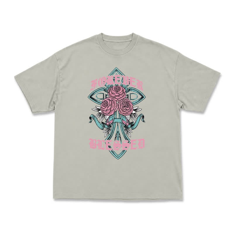 Vintage Rock Cross and Rose Print Relaxed Fit T-Shirt - Warm Grey - US16-18(2XL) - image 2