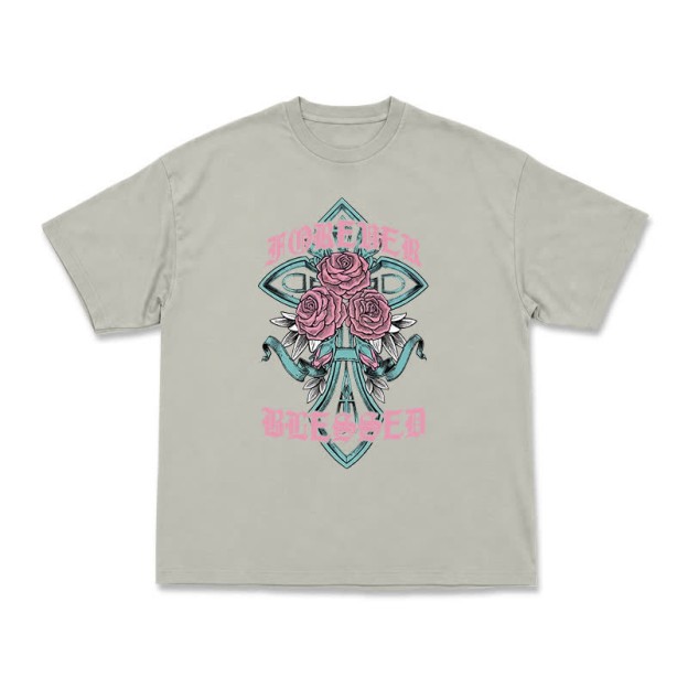 Vintage Rock Cross and Rose Print Relaxed Fit T-Shirt - Warm Grey - US16-18(2XL) - image 2