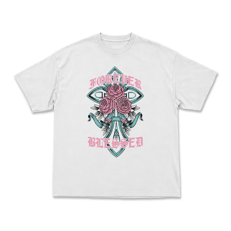 Vintage Rock Cross and Rose Print Relaxed Fit T-Shirt - White - US16-18(2XL) - image 5