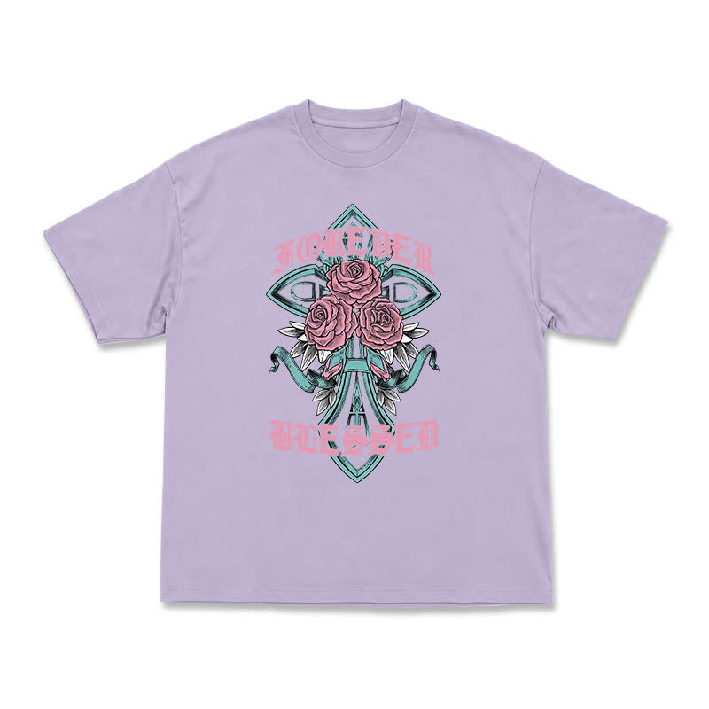 Vintage Rock Cross and Rose Print Relaxed Fit T-Shirt - Purple - US16-18(2XL) - image 8