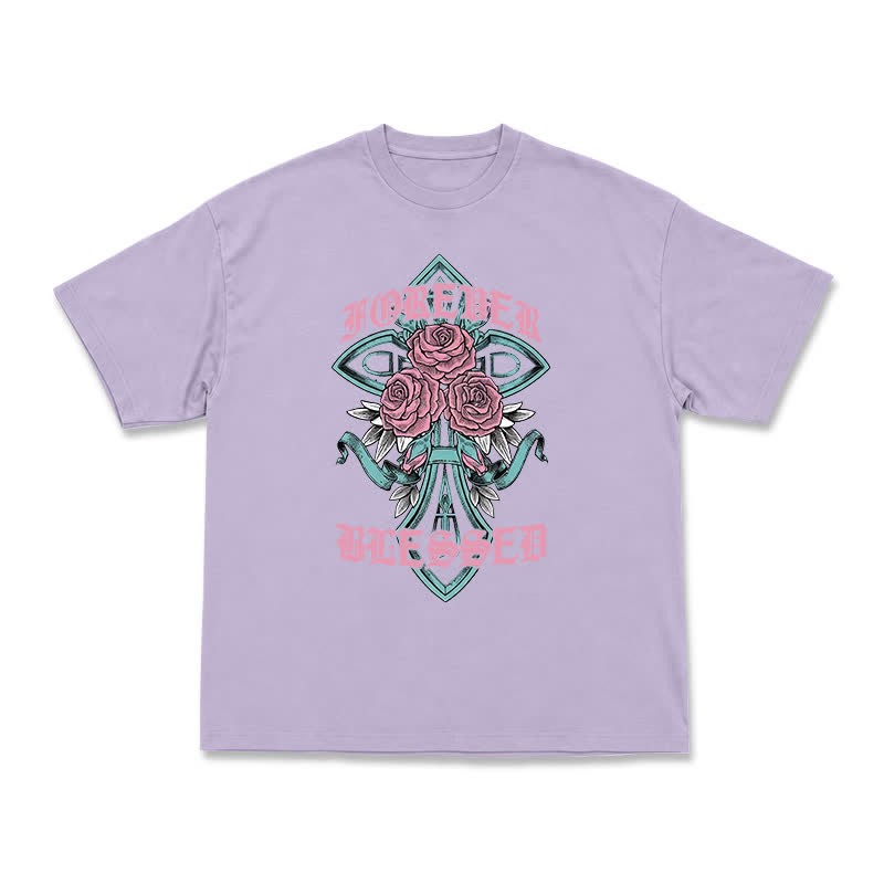 Vintage Rock Cross and Rose Print Relaxed Fit T-Shirt - Purple - US16-18(2XL) - image 8