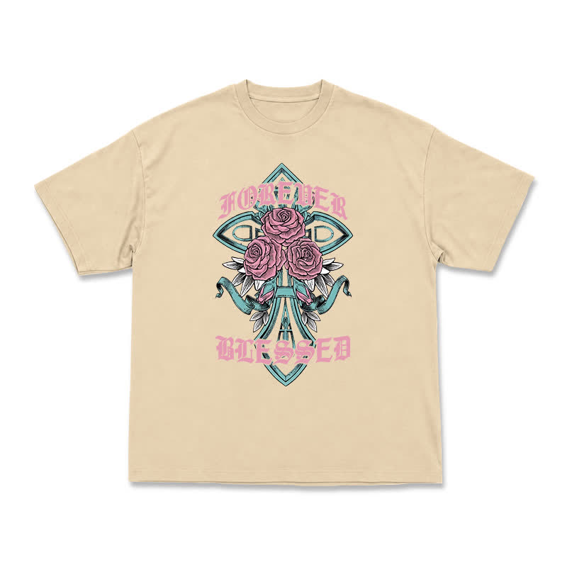 Vintage Rock Cross and Rose Print Relaxed Fit T-Shirt - Apricot - US16-18(2XL) - image 7
