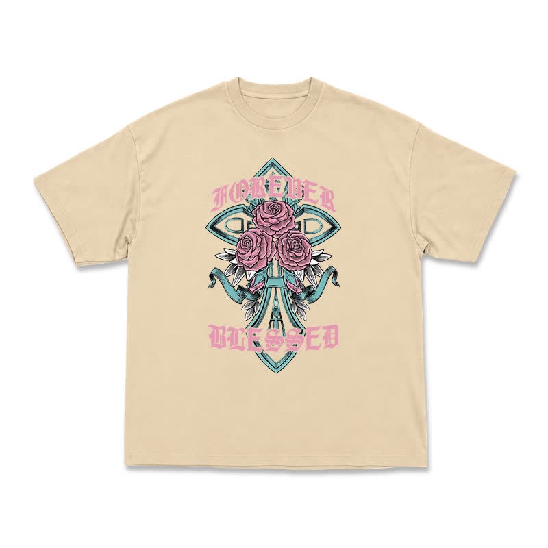 Vintage Rock Cross and Rose Print Relaxed Fit T-Shirt - Apricot - US16-18(2XL) - image 7