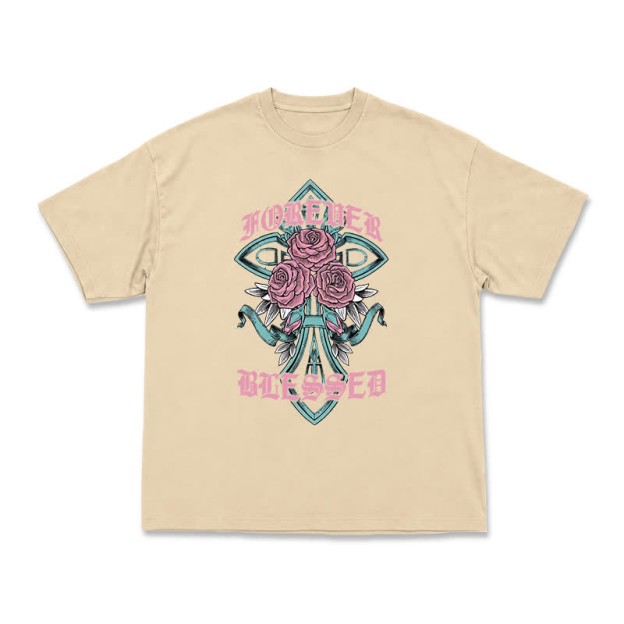 Vintage Rock Cross and Rose Print Relaxed Fit T-Shirt - Apricot - US16-18(2XL) - image 7