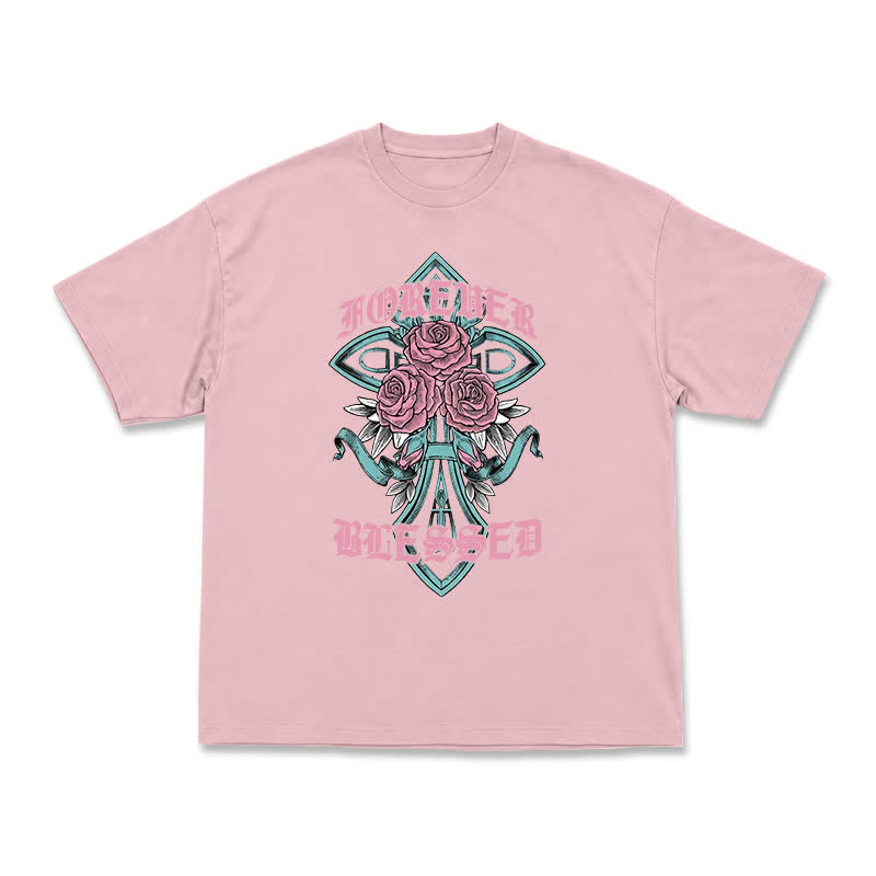 Vintage Rock Cross and Rose Print Relaxed Fit T-Shirt - Pink - US16-18(2XL) - image 6