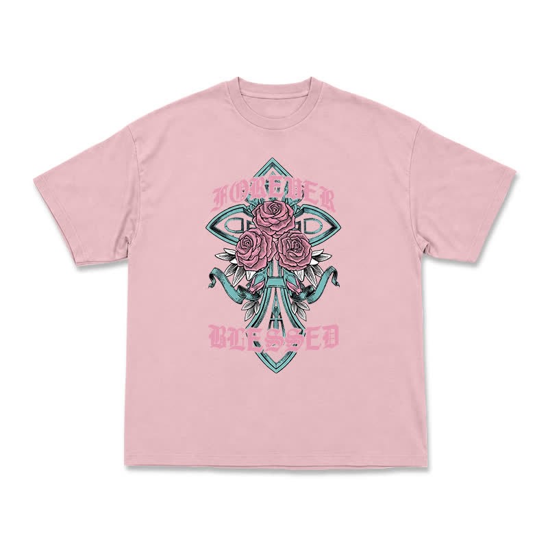 Vintage Rock Cross and Rose Print Relaxed Fit T-Shirt - Pink - US16-18(2XL) - image 6