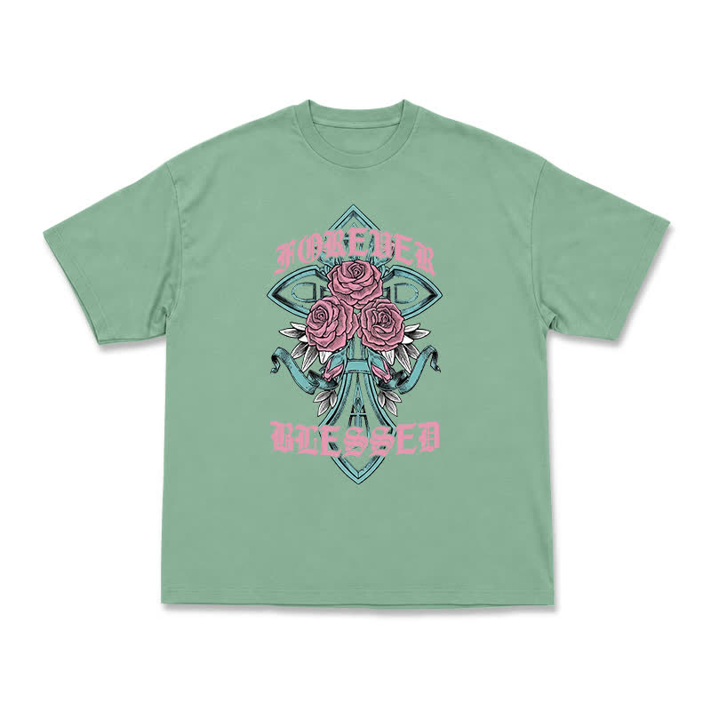 Vintage Rock Cross and Rose Print Relaxed Fit T-Shirt - Light Green - US16-18(2XL) - image 4
