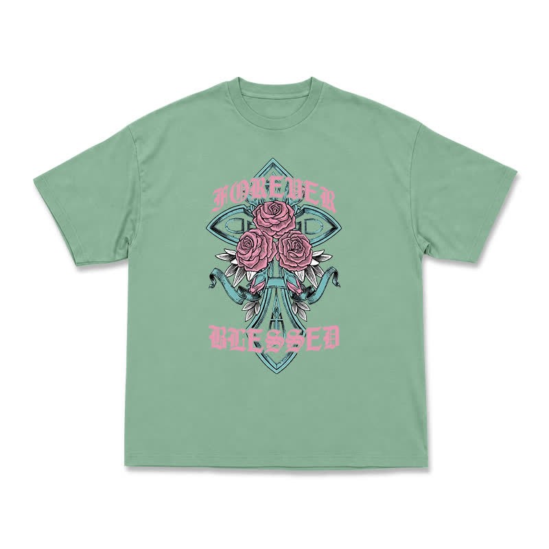 Vintage Rock Cross and Rose Print Relaxed Fit T-Shirt - Light Green - US16-18(2XL) - image 4