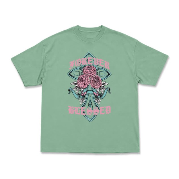 Vintage Rock Cross and Rose Print Relaxed Fit T-Shirt - Light Green - US16-18(2XL) - image 4