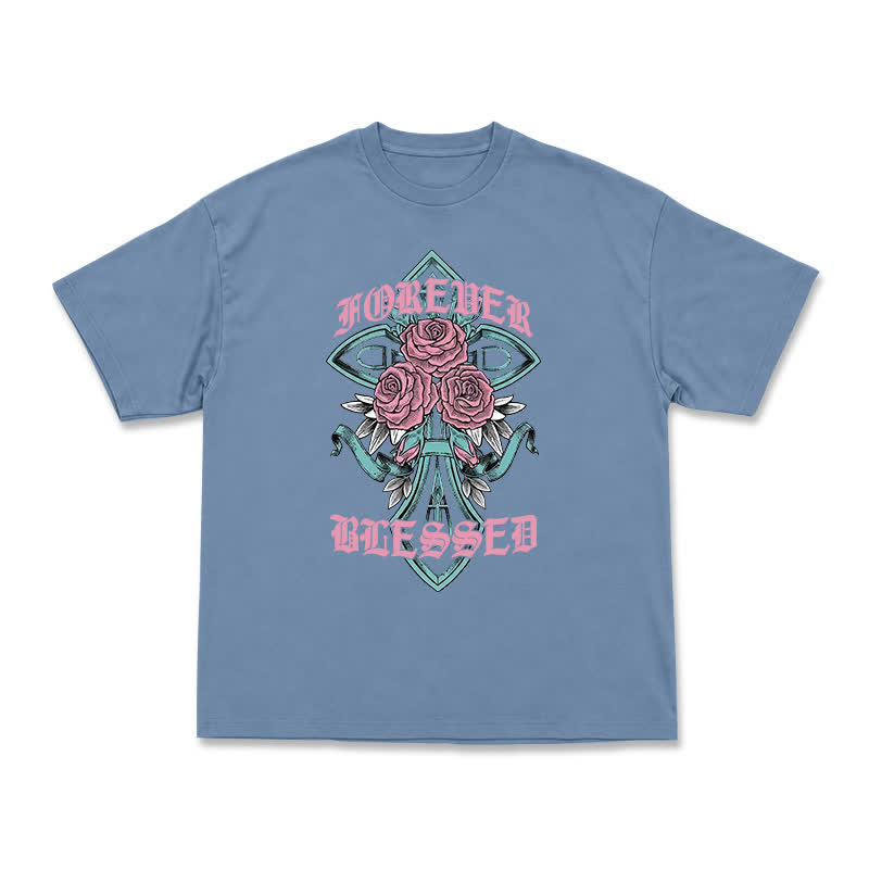 Vintage Rock Cross and Rose Print Relaxed Fit T-Shirt - Dusty Blue - US16-18(2XL) - image 3