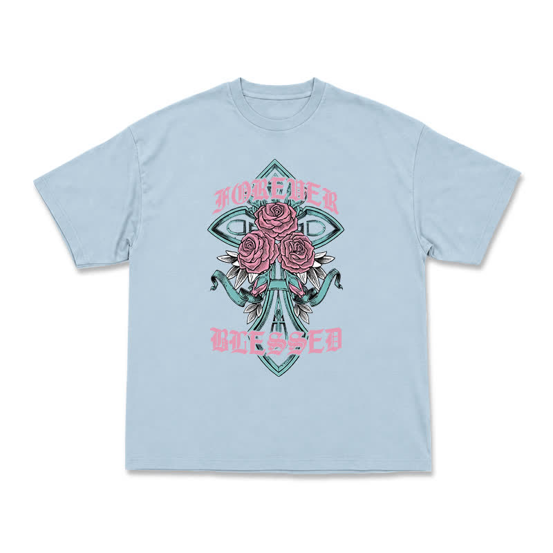 Vintage Rock Cross and Rose Print Relaxed Fit T-Shirt - Light Blue - US16-18(2XL) - image 10