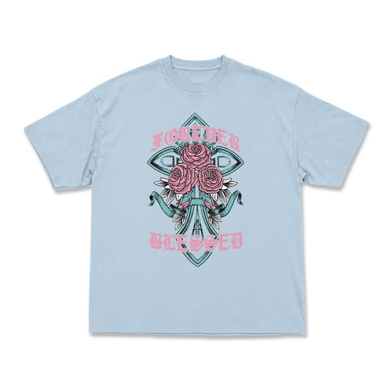 Vintage Rock Cross and Rose Print Relaxed Fit T-Shirt - Light Blue - US16-18(2XL) - image 10