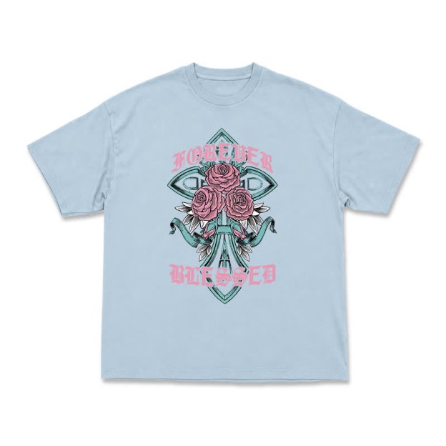 Vintage Rock Cross and Rose Print Relaxed Fit T-Shirt - Light Blue - US16-18(2XL) - image 10
