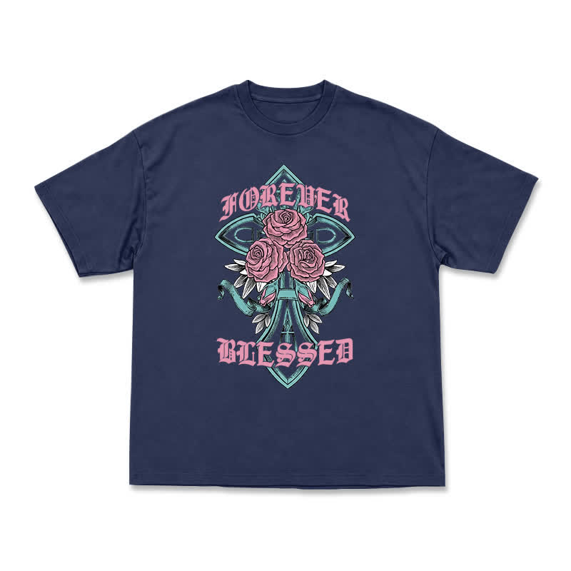 Vintage Rock Cross and Rose Print Relaxed Fit T-Shirt - Navy Blue - US16-18(2XL) - image 13