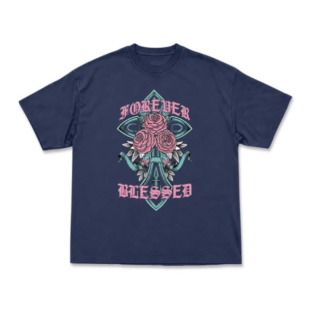 Vintage Rock Cross and Rose Print Relaxed Fit T-Shirt - Navy Blue - US16-18(2XL) - image 13