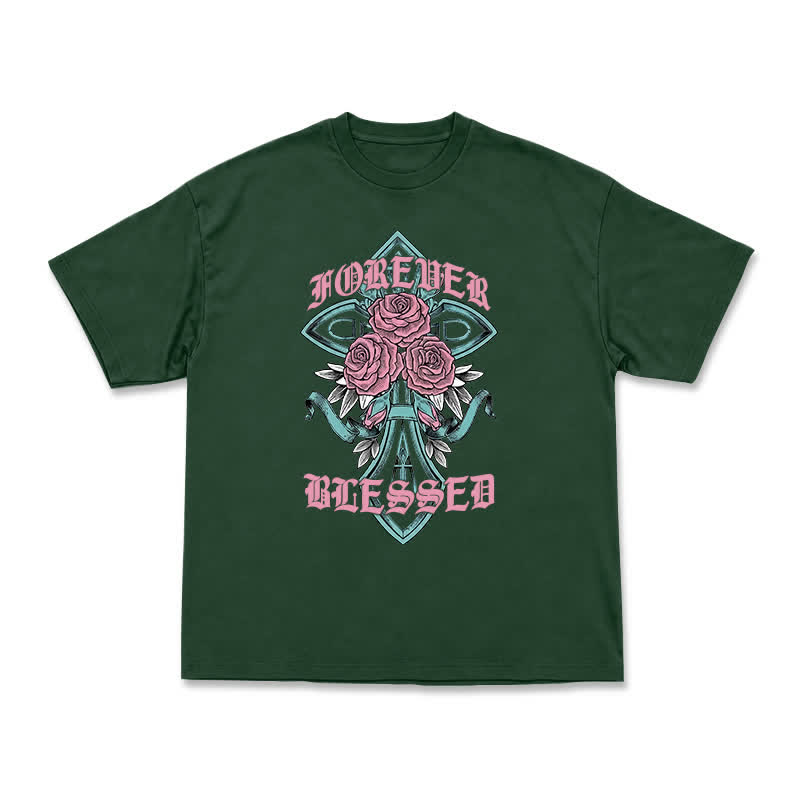 Vintage Rock Cross and Rose Print Relaxed Fit T-Shirt - Green - US16-18(2XL) - image 12