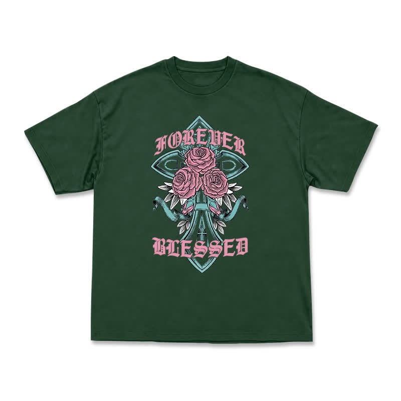 Vintage Rock Cross and Rose Print Relaxed Fit T-Shirt - Green - US16-18(2XL) - image 12