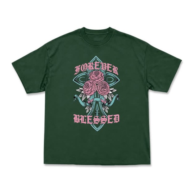 Vintage Rock Cross and Rose Print Relaxed Fit T-Shirt - Green - US16-18(2XL) - image 12