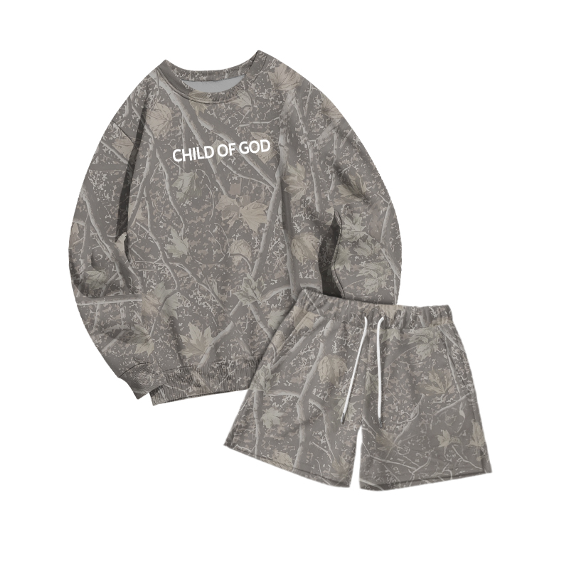Leaf Camo Child of God Sweatshirt and Drawstring Shorts Set - Olive Green - 3XL - image 1