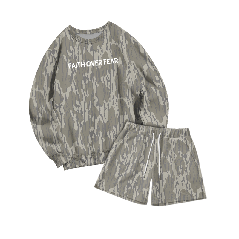 Casual Faith Over Fear Camo Sweatshirt and Drawstring Shorts Set - Khaki - 3XL - image 1