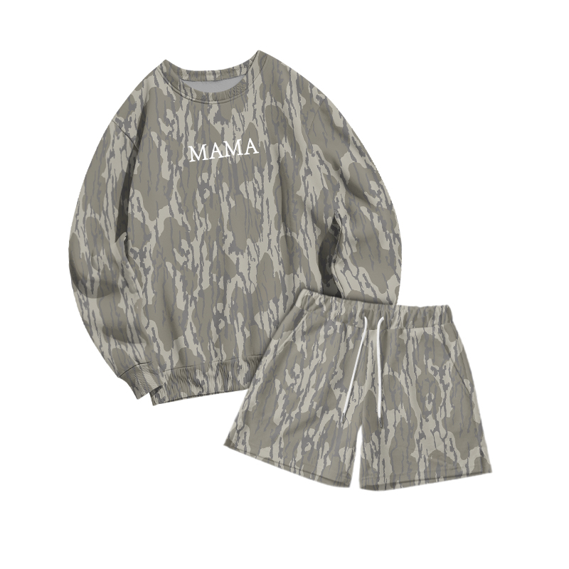 Casual MAMA Camo Sweatshirt and Drawstring Shorts Set - Khaki - 3XL - image 2