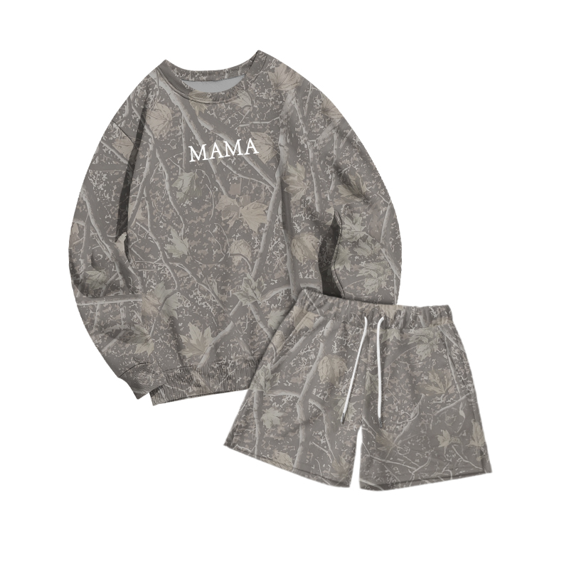 Casual MAMA Camo Sweatshirt and Drawstring Shorts Set - Olive Green - 3XL - image 1