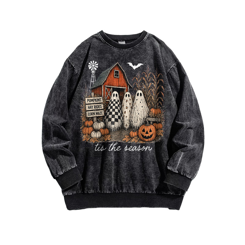 Halloween Spooky Autumn Hayride Ghost Print Acid Washed Sweatshirt - Black - 3XL - image 1