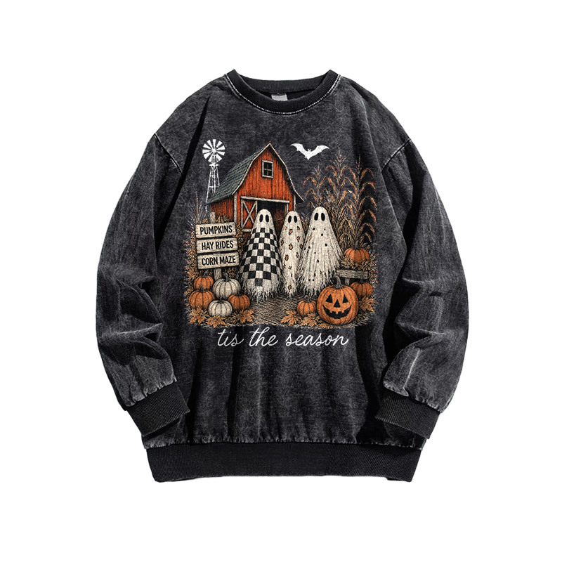 Halloween Spooky Autumn Hayride Ghost Print Acid Washed Sweatshirt - Black - 3XL - image 1