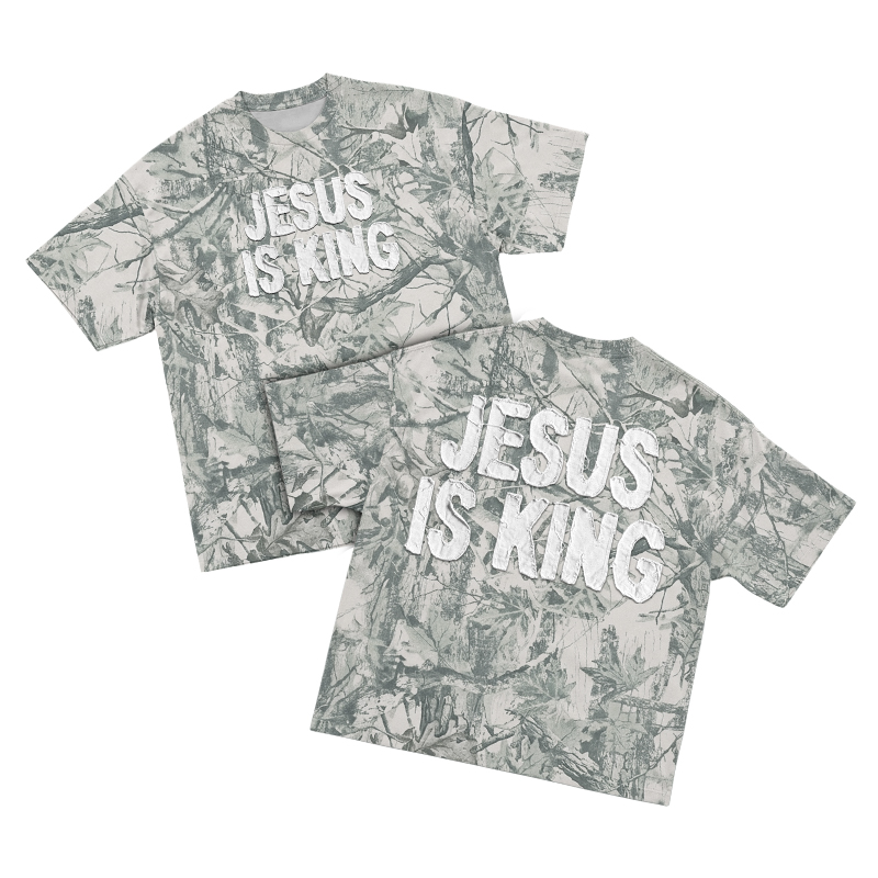 Woodland Leaf Print Jesus Is King Street T-Shirt - Green - 3XL - image 1