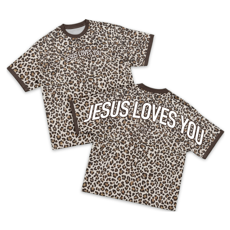 Casual Jesus Loves You Leopard Print Contrast T-Shirt - Brown - 3XL - image 2