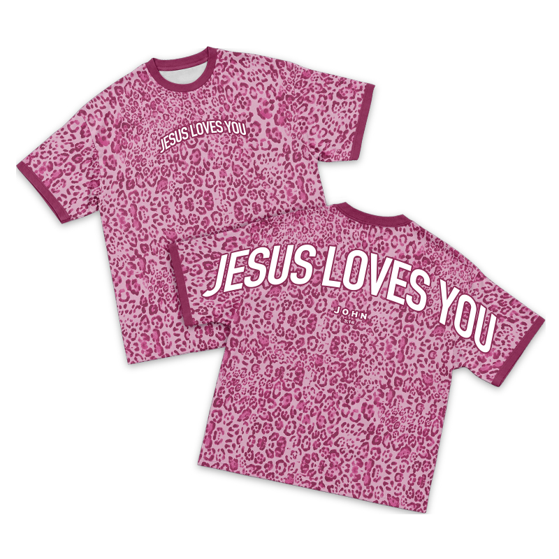 Casual Jesus Loves You Leopard Print Contrast T-Shirt - Pink - 3XL - image 1