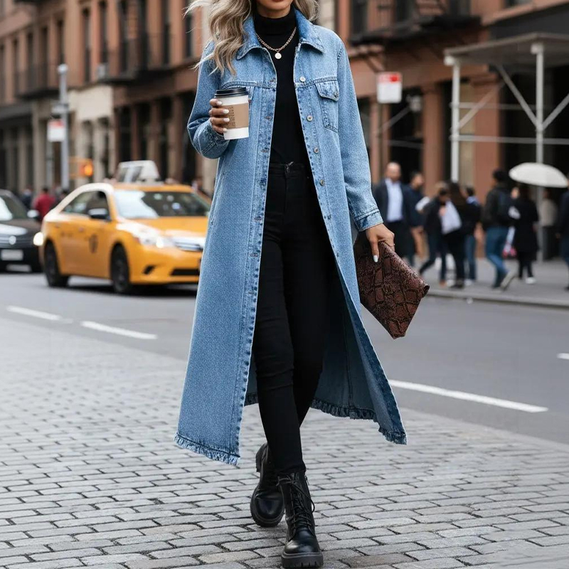 Women's Vintage Button Down Casual Denim Outerwear - Blue - 2XL - image 1
