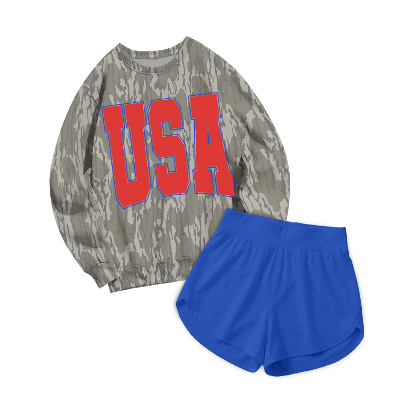 USA Cam Print Casual Sweatshirt And Yoga Shorts Set - Royal Blue - 2XL - image 1