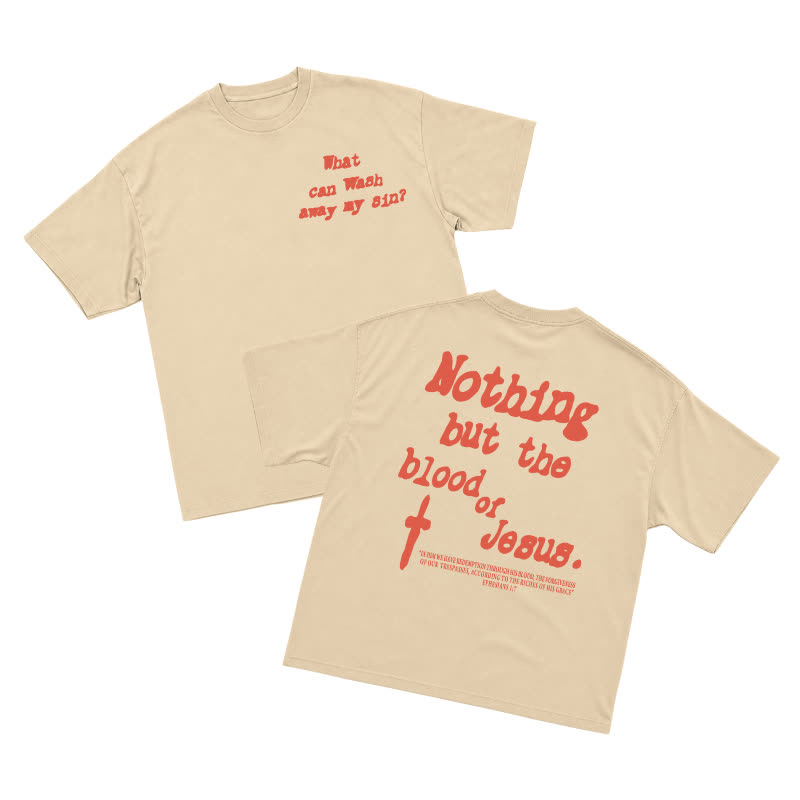 Men's Gothic Cross Graphic Oversized T-shirt, Vintage Religious Print Streetwear Tee，nothing But The Blood Of Jesus - Beige - US16-18(2XL) - image 5