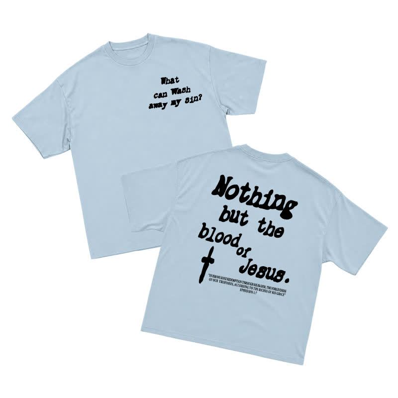 Men's Gothic Cross Graphic Oversized T-shirt, Vintage Religious Print Streetwear Tee，nothing But The Blood Of Jesus - Light Blue - US16-18(2XL) - image 10