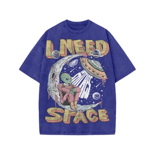 Unisex 100% Cotton I Need Space Creative Print Acid Washed T-shirt - Blue - US20-22(3XL) - image 7
