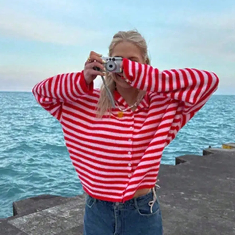Women's Coastal Striped Knit Button Front Cardigan Sweater - Red - 3XL - image 2