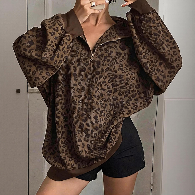 Women's Vintage Leopard Print Half Zip Sweatshirt - Coffee - 2XL - image 1