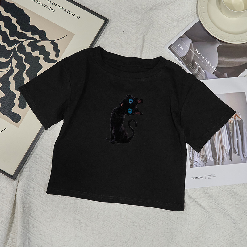 Casual Black Cat Graphic Round Neck Print Baby Tee - Black - XL - image 2