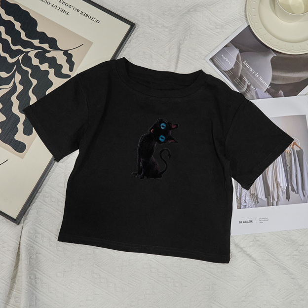 Casual Black Cat Graphic Round Neck Print Baby Tee - Black - XL - image 2